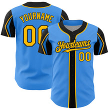 Load image into Gallery viewer, Custom Electric Blue Gold-Black 3 Colors Arm Shapes Authentic Baseball Jersey
