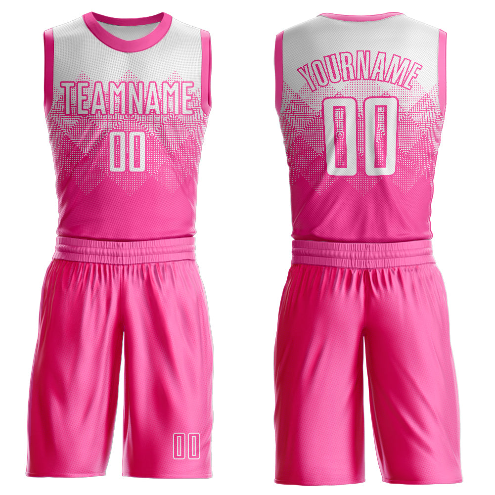 Custom Pink White Round Neck Sublimation Basketball Suit Jersey
