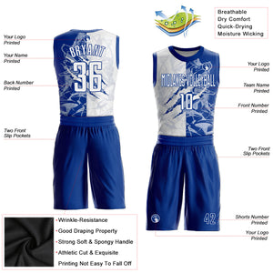 Custom Graffiti Pattern White-Royal Scratch Round Neck Sublimation Basketball Suit Jersey