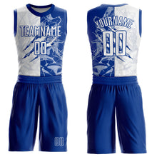 Load image into Gallery viewer, Custom Graffiti Pattern White-Royal Scratch Round Neck Sublimation Basketball Suit Jersey
