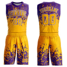 Laden Sie das Bild in den Galerie-Viewer, Custom Gold White-Purple Round Neck Sublimation Basketball Suit Jersey
