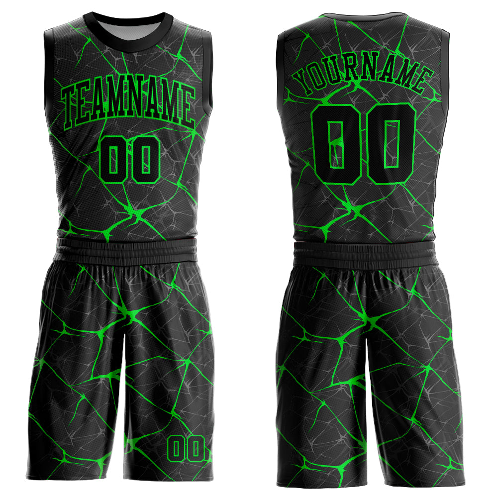 Custom Black Neon Green Round Neck Sublimation Basketball Suit Jersey