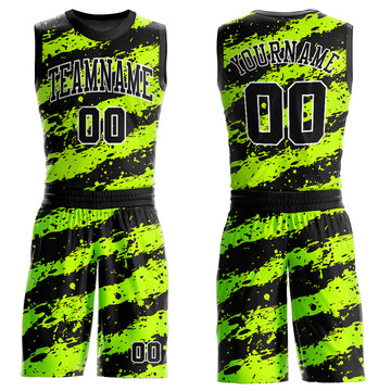 Custom Neon Green Black-White Round Neck Sublimation Basketball Suit Jersey