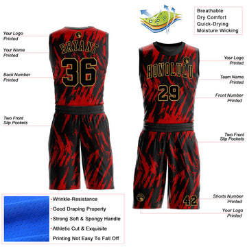 Custom Red Black-Old Gold Round Neck Sublimation Basketball Suit Jersey