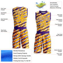 Laden Sie das Bild in den Galerie-Viewer, Custom Gold Purple-White Round Neck Sublimation Basketball Suit Jersey
