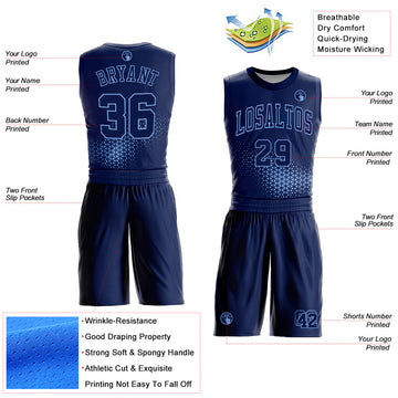 Custom Navy Light Blue Round Neck Sublimation Basketball Suit Jersey