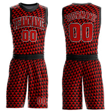 Laden Sie das Bild in den Galerie-Viewer, Custom Red Black-White Triangle Shapes Round Neck Sublimation Basketball Suit Jersey
