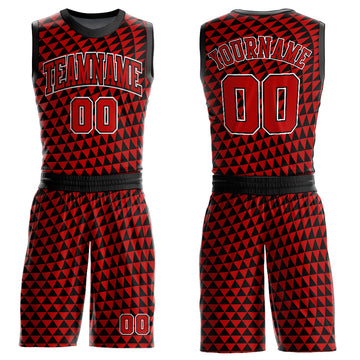 Custom Red Black-White Triangle Shapes Round Neck Sublimation Basketball Suit Jersey