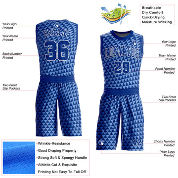 Custom Light Blue Royal-White Triangle Shapes Round Neck Sublimation Basketball Suit Jersey