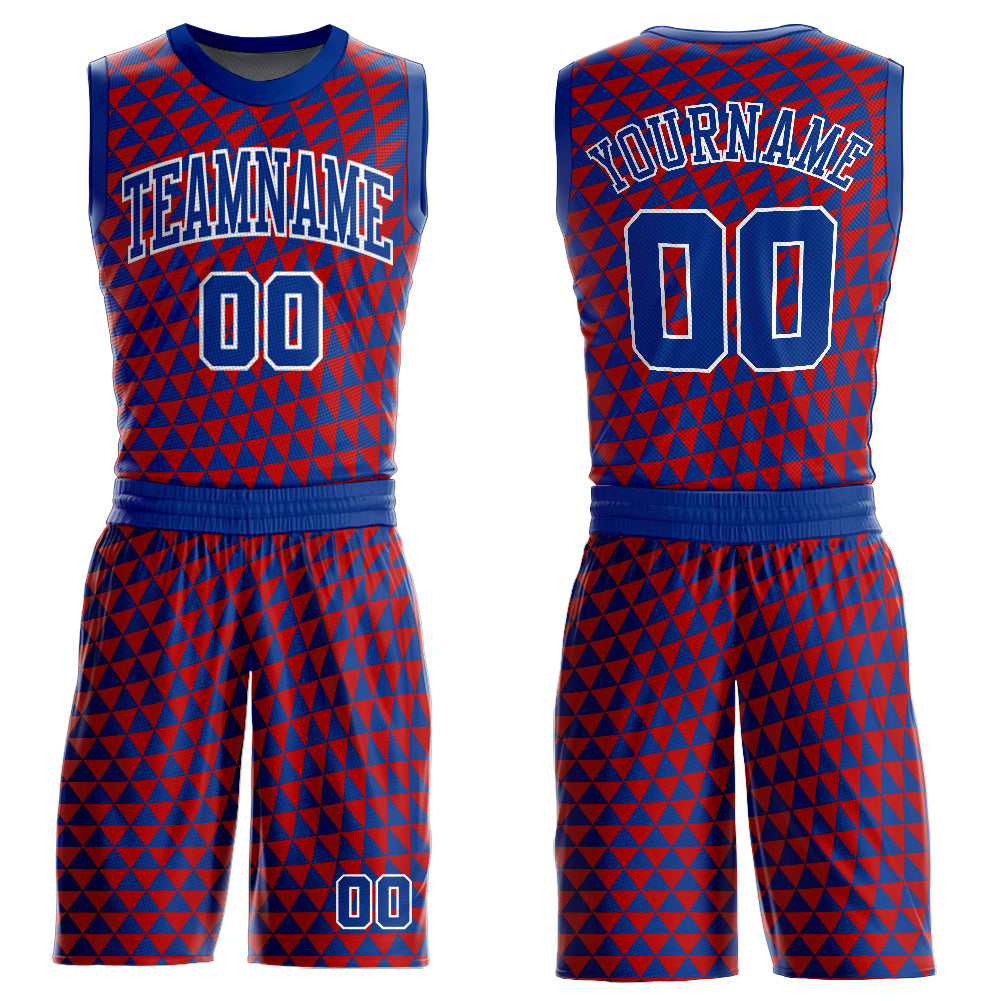 Custom Red Royal-White Triangle Shapes Round Neck Sublimation Basketball Suit Jersey