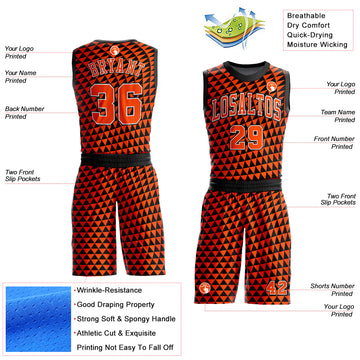 Custom Orange White-Black Triangle Shapes Round Neck Sublimation Basketball Suit Jersey