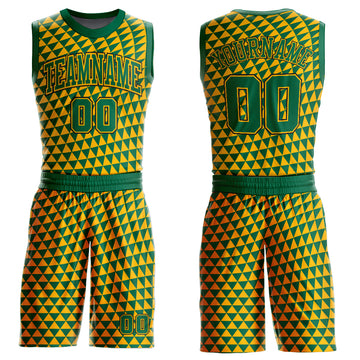 Custom Gold Kelly Green-Black Triangle Shapes Round Neck Sublimation Basketball Suit Jersey