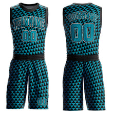 Load image into Gallery viewer, Custom Teal Black-White Triangle Shapes Round Neck Sublimation Basketball Suit Jersey
