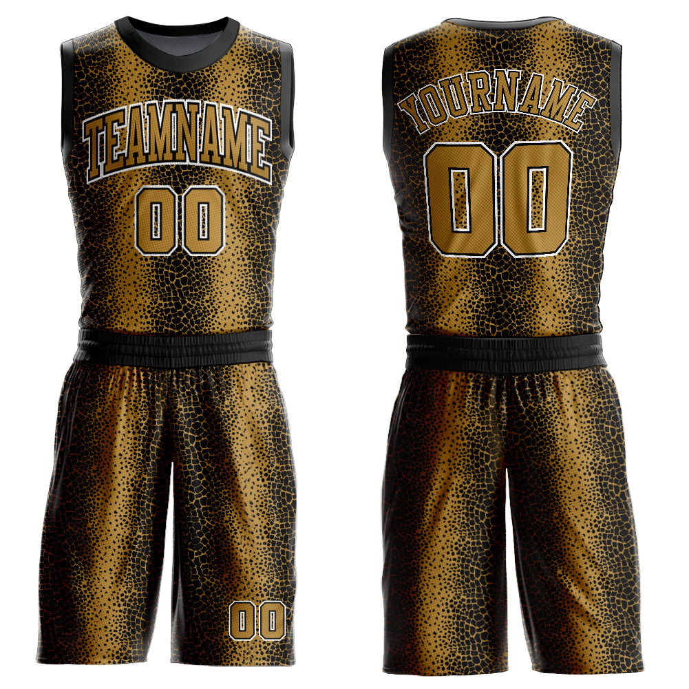 Custom Black Old Gold-White Animal Fur Print Round Neck Sublimation Basketball Suit Jersey