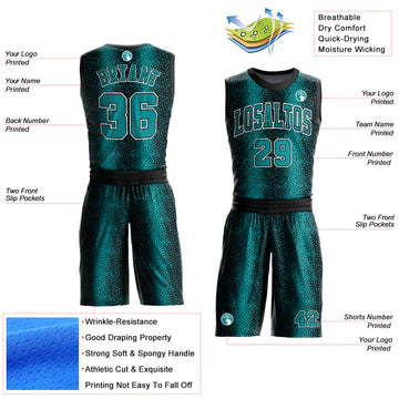 Custom Black Teal-White Animal Fur Print Round Neck Sublimation Basketball Suit Jersey