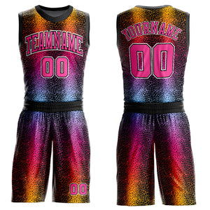 Custom Black Pink-Gold Animal Fur Print Round Neck Sublimation Basketball Suit Jersey