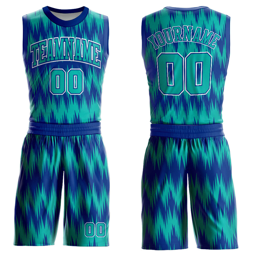 Custom Royal Aqua-White Round Neck Sublimation Basketball Suit Jersey