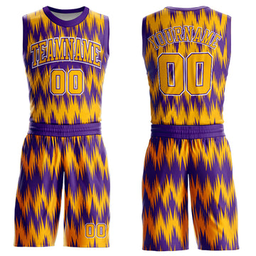 Custom Purple Gold-White Round Neck Sublimation Basketball Suit Jersey