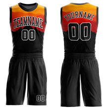 Laden Sie das Bild in den Galerie-Viewer, Custom Black Gold-Red Round Neck Sublimation Basketball Suit Jersey
