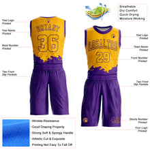 Laden Sie das Bild in den Galerie-Viewer, Custom Gold Purple Color Splash Round Neck Sublimation Basketball Suit Jersey
