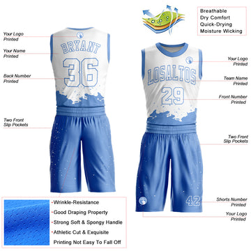 Custom White Light Blue Color Splash Round Neck Sublimation Basketball Suit Jersey