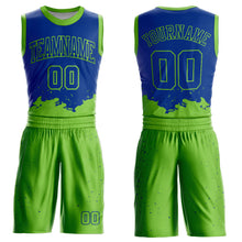 Laden Sie das Bild in den Galerie-Viewer, Custom Royal Neon Green Color Splash Round Neck Sublimation Basketball Suit Jersey
