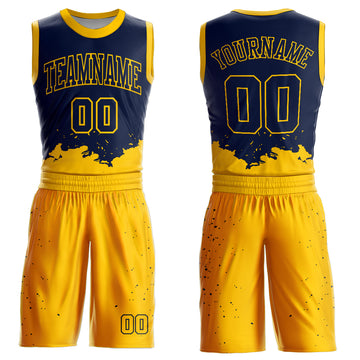 Custom Navy Yellow Color Splash Round Neck Sublimation Basketball Suit Jersey