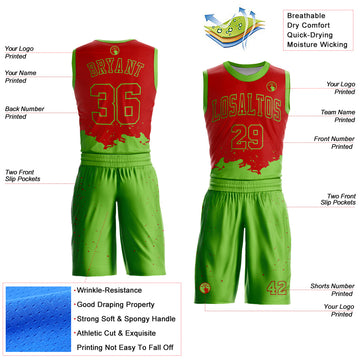 Custom Red Neon Green Color Splash Round Neck Sublimation Basketball Suit Jersey
