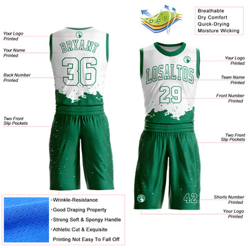 Custom White Kelly Green Color Splash Round Neck Sublimation Basketball Suit Jersey