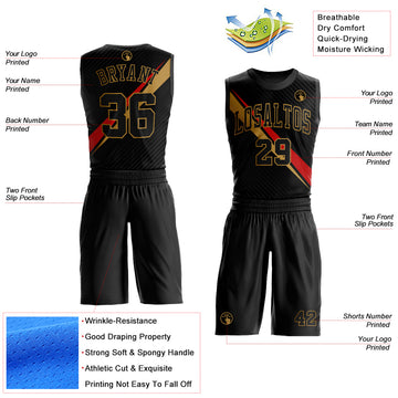 Custom Black Old Gold-Red Diagonal Lines Round Neck Sublimation Basketball Suit Jersey