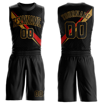 Custom Black Old Gold-Red Diagonal Lines Round Neck Sublimation Basketball Suit Jersey