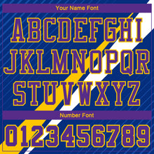 Laden Sie das Bild in den Galerie-Viewer, Custom Royal Purple-Yellow Diagonal Lines Round Neck Sublimation Basketball Suit Jersey
