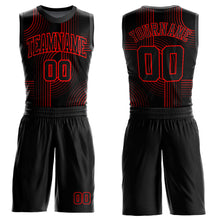 Laden Sie das Bild in den Galerie-Viewer, Custom Black Red Tracks Round Neck Sublimation Basketball Suit Jersey
