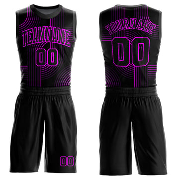 Custom Black Deep Pink Tracks Round Neck Sublimation Basketball Suit Jersey