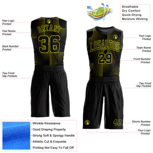 Custom Black Neon Yellow Tracks Round Neck Sublimation Basketball Suit Jersey