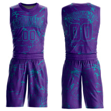 Laden Sie das Bild in den Galerie-Viewer, Custom Purple Teal Abstract Grunge Art Round Neck Sublimation Basketball Suit Jersey
