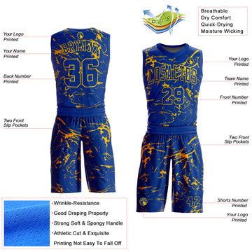 Custom Royal Gold Abstract Grunge Art Round Neck Sublimation Basketball Suit Jersey