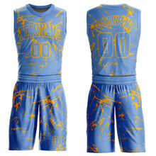 Load image into Gallery viewer, Custom Light Blue Gold Abstract Grunge Art Round Neck Sublimation Basketball Suit Jersey
