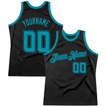 Load image into Gallery viewer, Custom Black Teal Authentic Throwback Basketball Jersey
