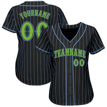 Laden Sie das Bild in den Galerie-Viewer, Custom Black Light Blue Pinstripe Neon Green Authentic Baseball Jersey

