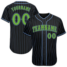 Load image into Gallery viewer, Custom Black Light Blue Pinstripe Neon Green Authentic Baseball Jersey
