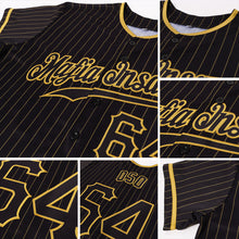 Load image into Gallery viewer, Custom Black Old Gold Pinstripe Black Authentic Baseball Jersey

