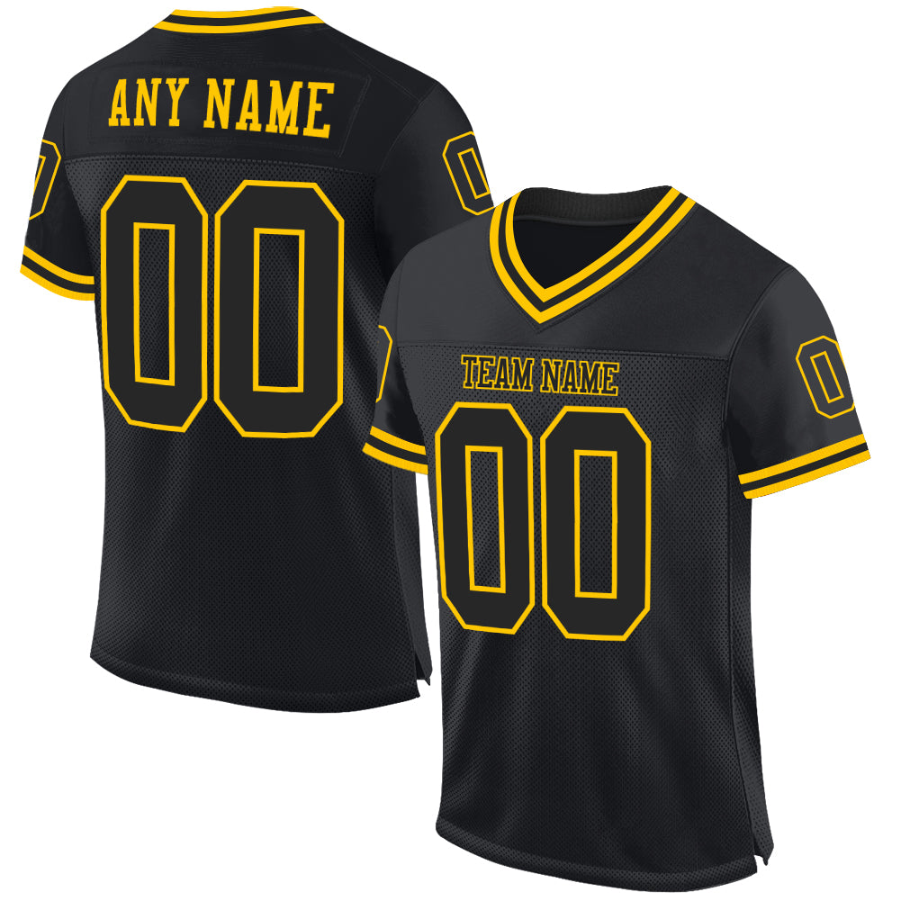 Custom Black Black-Gold Mesh Authentic Throwback Football Jersey