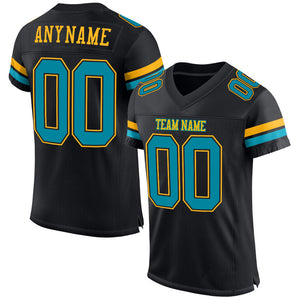 Custom Black Teal-Gold Mesh Authentic Football Jersey