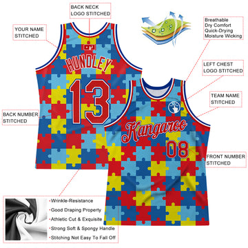 Custom Black Red-Royal 3D Pattern Design Autism Awareness Puzzle Pieces Authentic Basketball Jersey