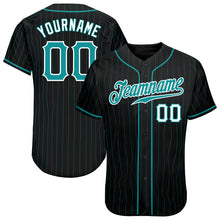 Laden Sie das Bild in den Galerie-Viewer, Custom Black Teal Pinstripe Teal-White Authentic Baseball Jersey
