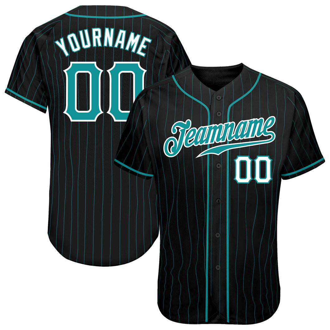 Custom Black Teal Pinstripe Teal-White Authentic Baseball Jersey