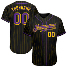 Laden Sie das Bild in den Galerie-Viewer, Custom Black Gold Pinstripe Purple-Gold Authentic Baseball Jersey
