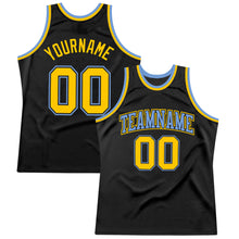 Load image into Gallery viewer, Custom Black Gold-Light Blue Authentic Throwback Basketball Jersey
