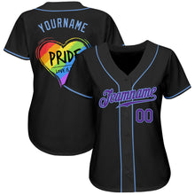 Load image into Gallery viewer, Custom Black Purple-Light Blue Rainbow Colored Heart For Pride Love Is Love LGBT Authentic Baseball Jersey
